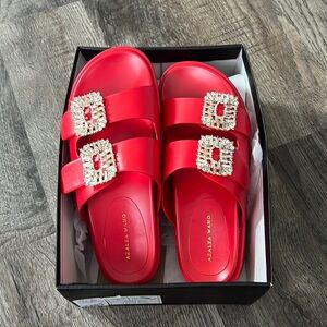 AKIRA Vibrant Red Sandals with Sparkling Buckles